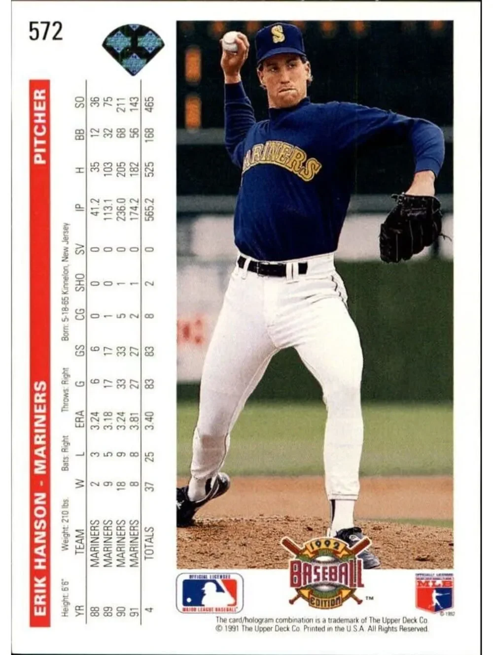 Erik Hanson 1992 Upper Deck MLB #572 Baseball Card Seattle Mariners